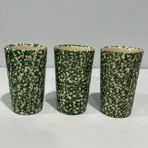 Roseville Pottery Green Spongeware tumblers 16 ounce ceramic glasses